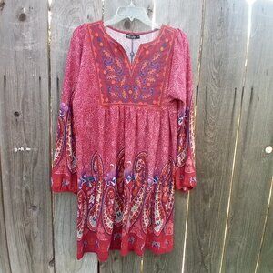 WHITE MARK DRESS WOMENS SIZE L RED FLORAL PAISLEY BRICK EMBROIDERED LONG SLEEVE